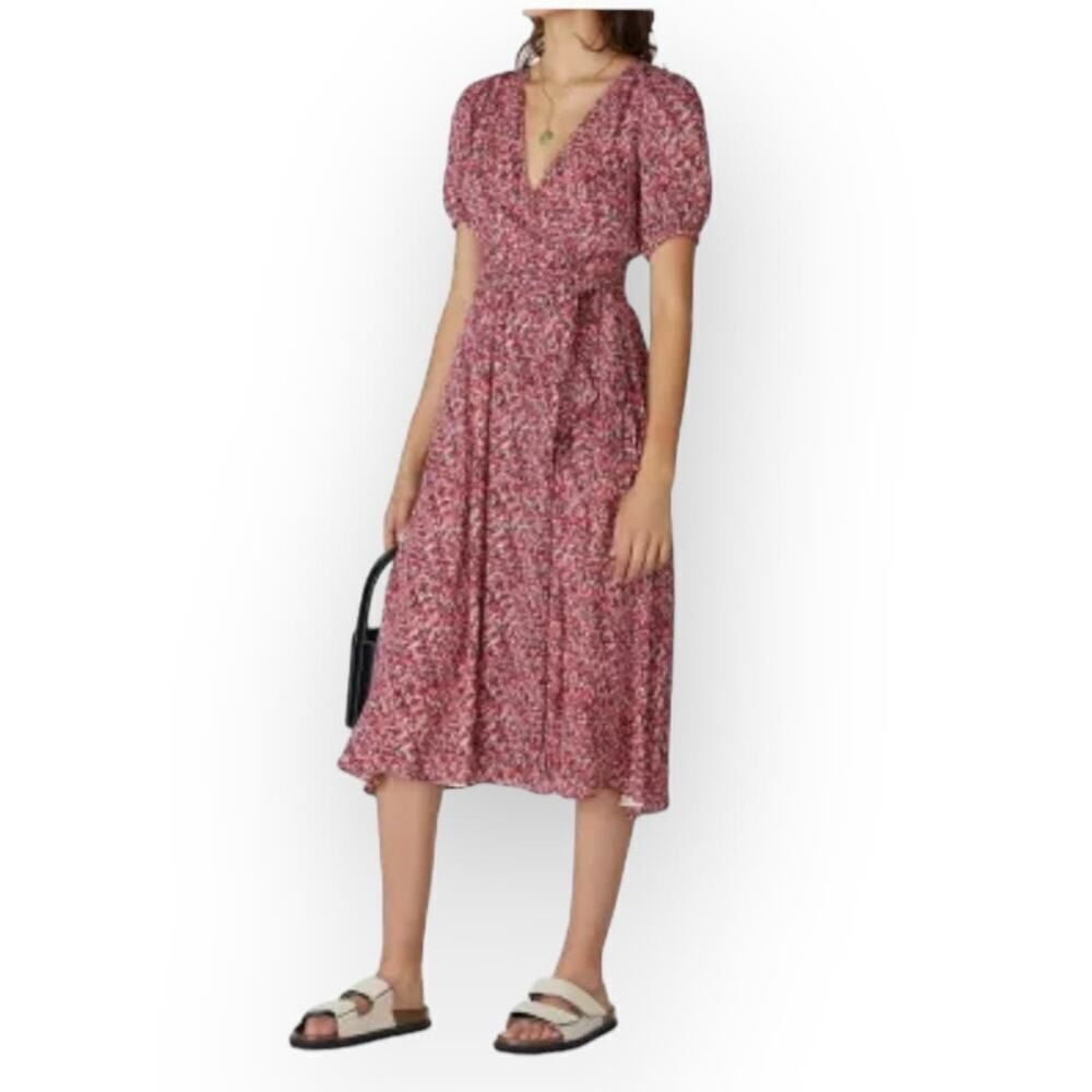 ba&sh Noemie Dress Women's Small Pink Red Midi V-Neck Short Sleeve Side Tie